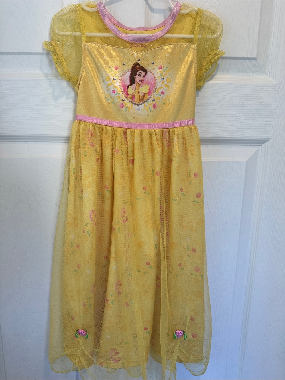Disney Yellow Belle Floral Satin and Tulle Costume Dress with Pink Trim